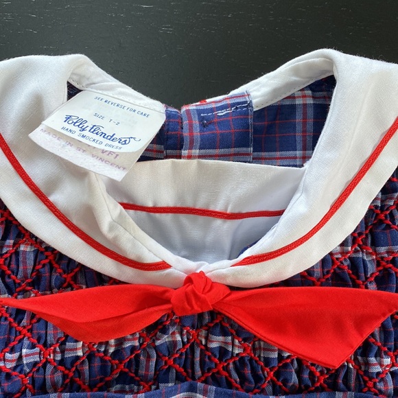 Polly Flinders Vintage Hand Smocked Dress. Toddler 2. Navy Plaid. - Picture 2 of 11